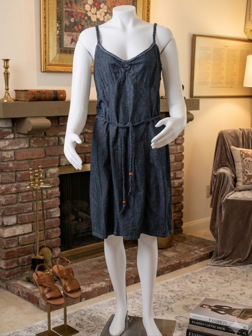 Old‎ Navy Vintage Denim Cami Dress Braided Strap Belt Size 12